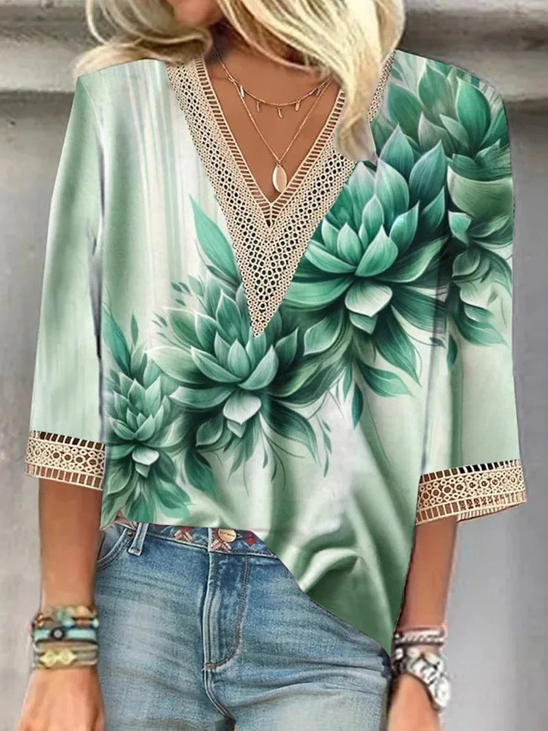 Fresh Green Floral V-neck 3/4 Sleeve Top
