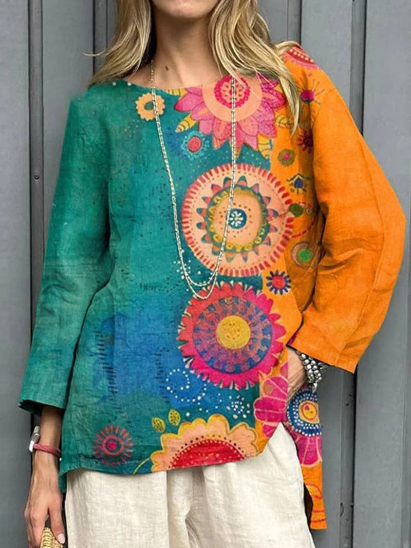 Colorful Print Round Neck Long Sleeve Top
