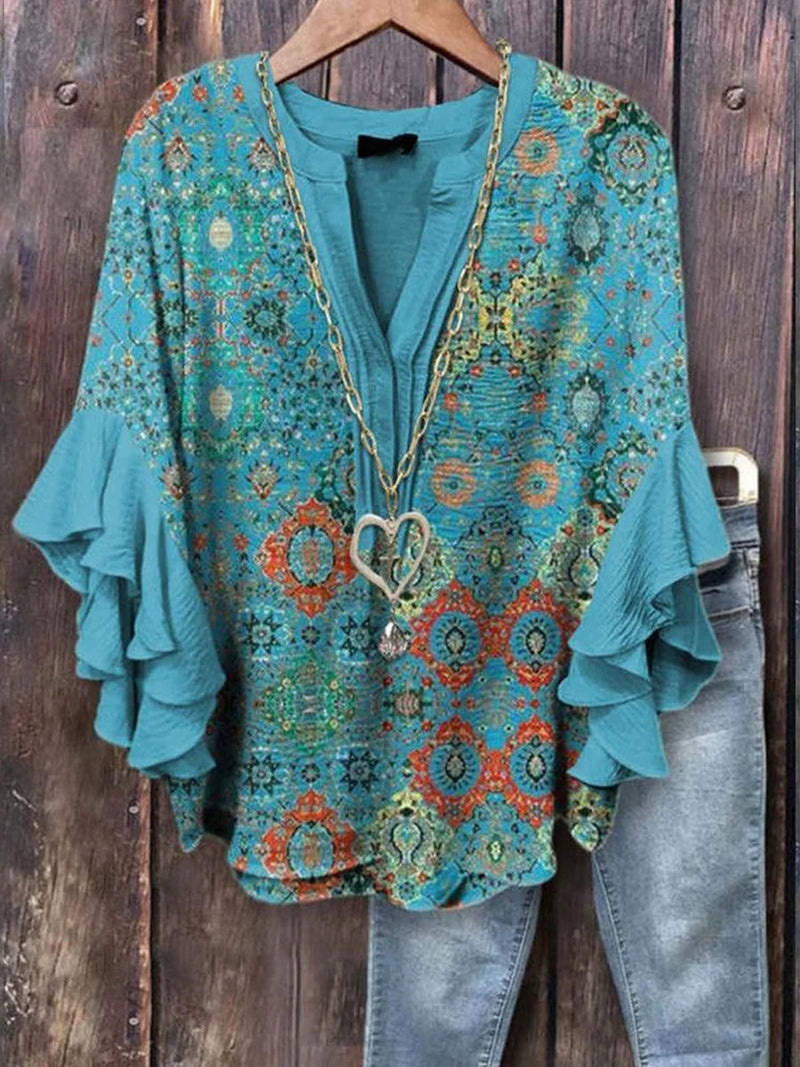 Casual Blue V-neck Flare Sleeve Blouse