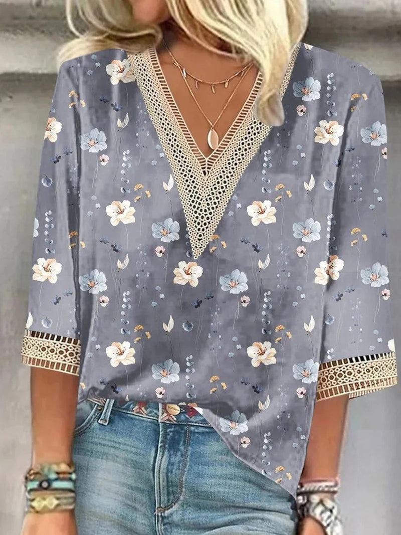 Stylish Grey Print V-neck 3/4 Sleeve Top