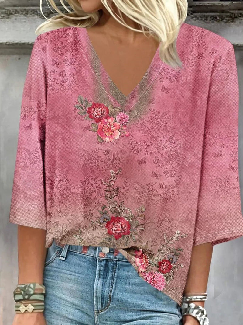 Romantic Pink Floral Print V-neck 3/4 Sleeve Top