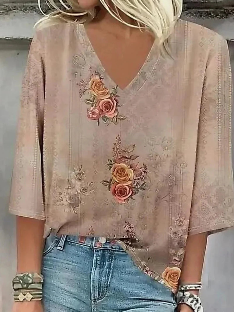 Retro Khaki Print V-neck 3/4 Sleeve Top