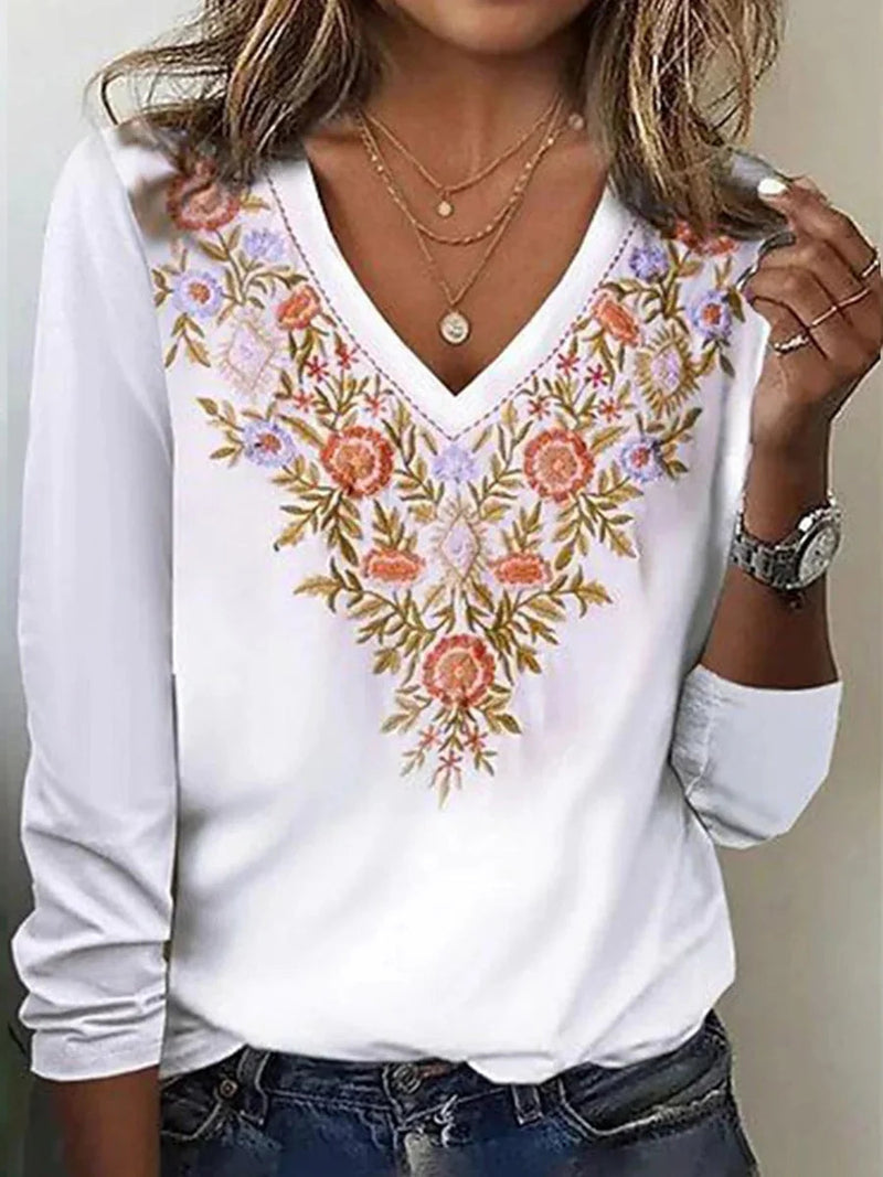 Chic White Floral Print V-Neck Long Sleeve Top