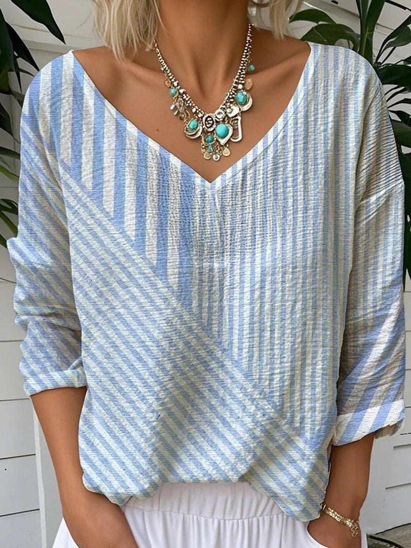 Casual Blue V-neck 3/4 Sleeve Striped Top