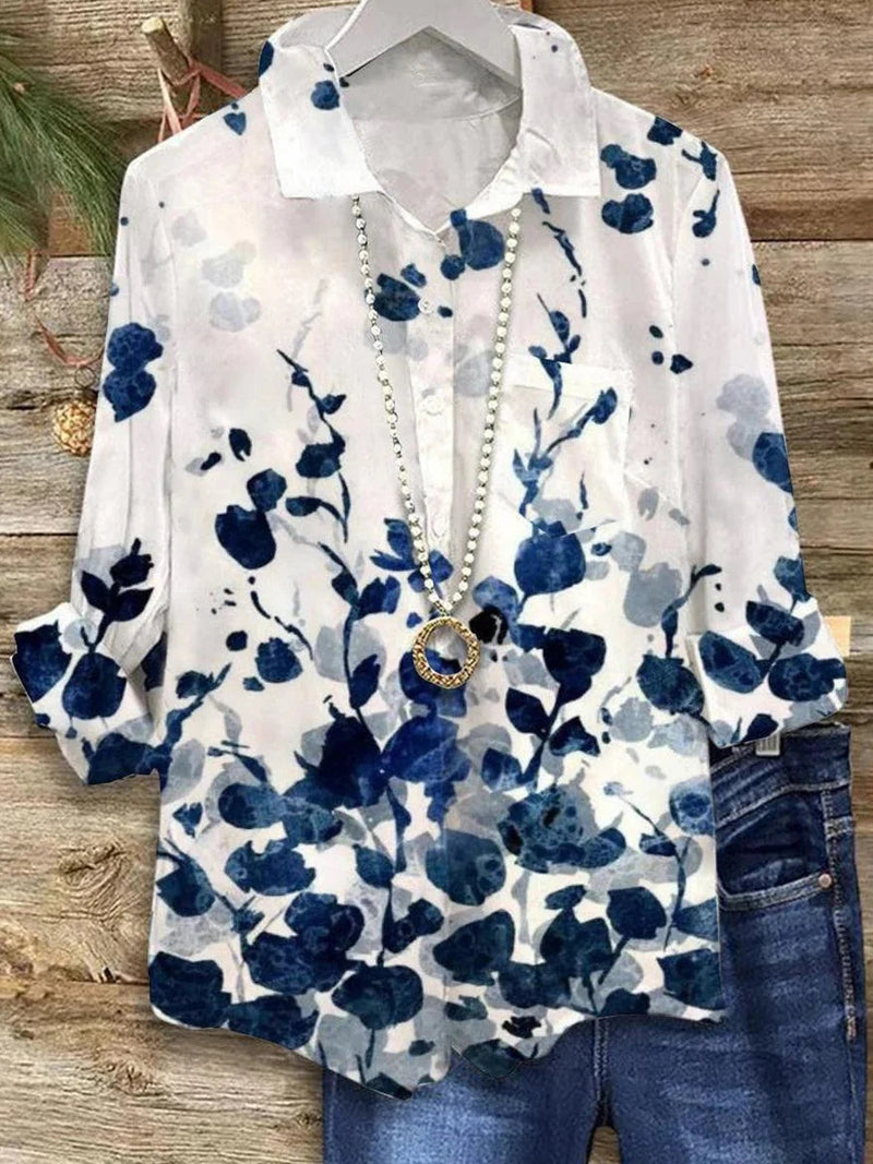 Vintage Blue Collared Floral Print Long Sleeve Shirt