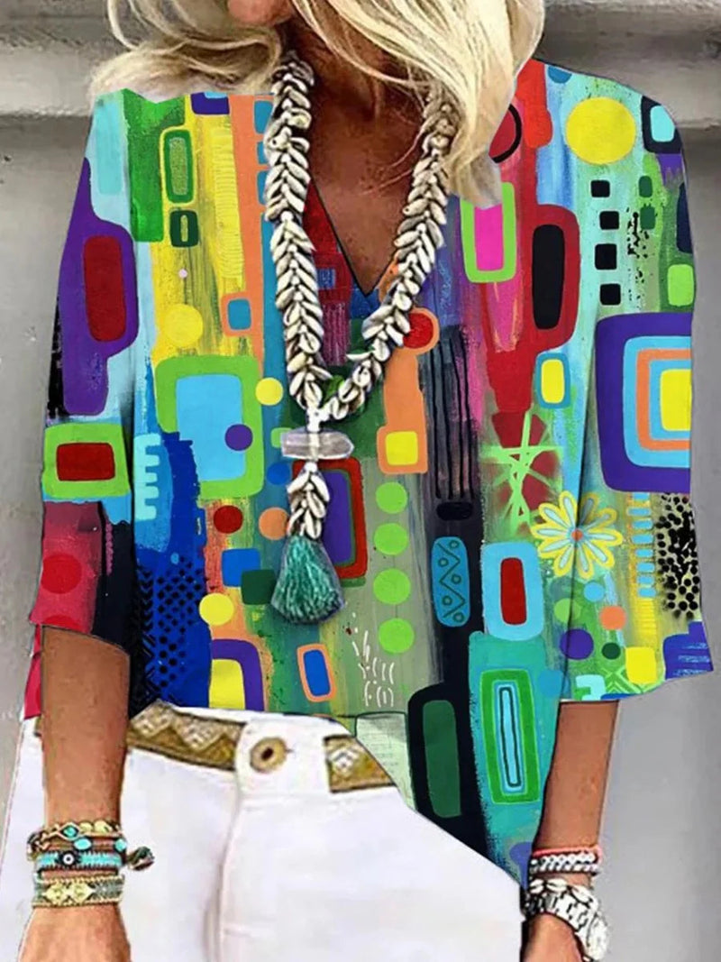 Casual Geometric Print V-neck 3/4 Sleeve Top
