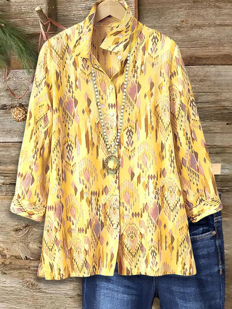 Yellow Print Long Sleeve Collared Shirt