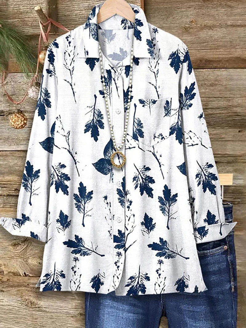 Basic Floral Long Sleeve White Shirt