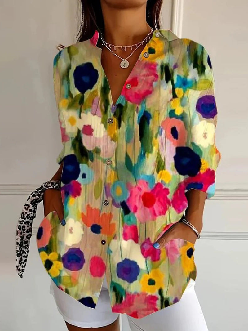 Colorful Floral Print Collared Long Sleeve Shirt