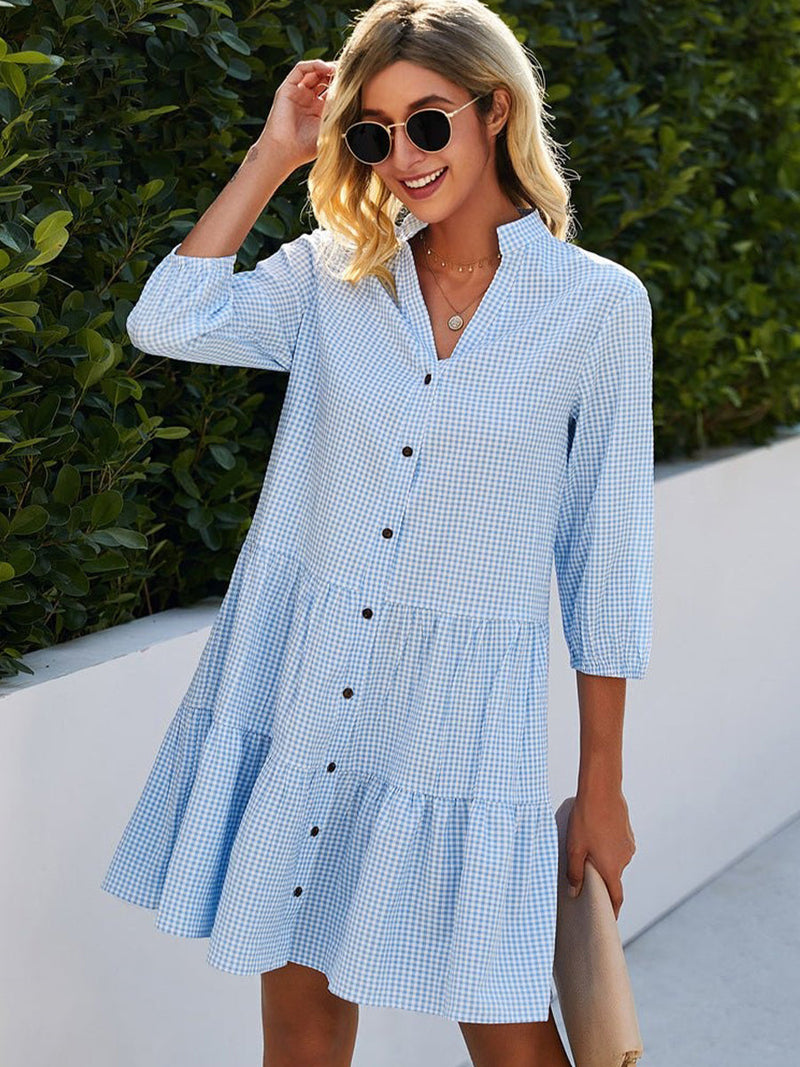 Trendy Blue Plaid V-neck 3/4 Sleeve Summer Dress