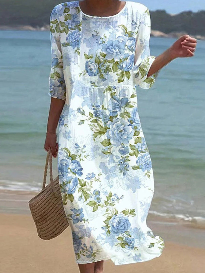 Fresh Blue Print 3/4 Sleeve Round Neck Midi Dress