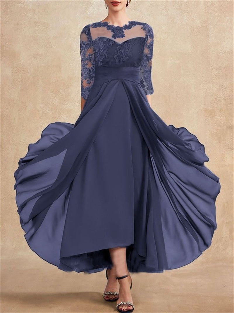 Classic Chiffon Lace Crew Neck Blue Dress