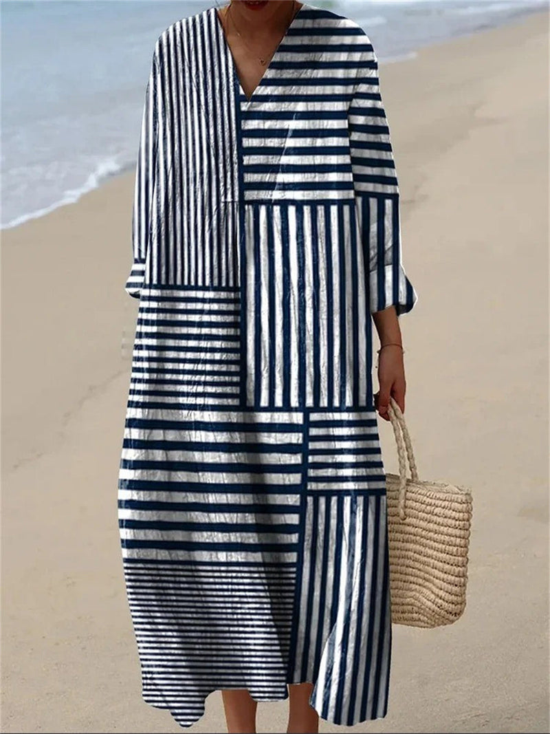 Casual Stripe V-neck Long Sleeve Loose Maxi Dress