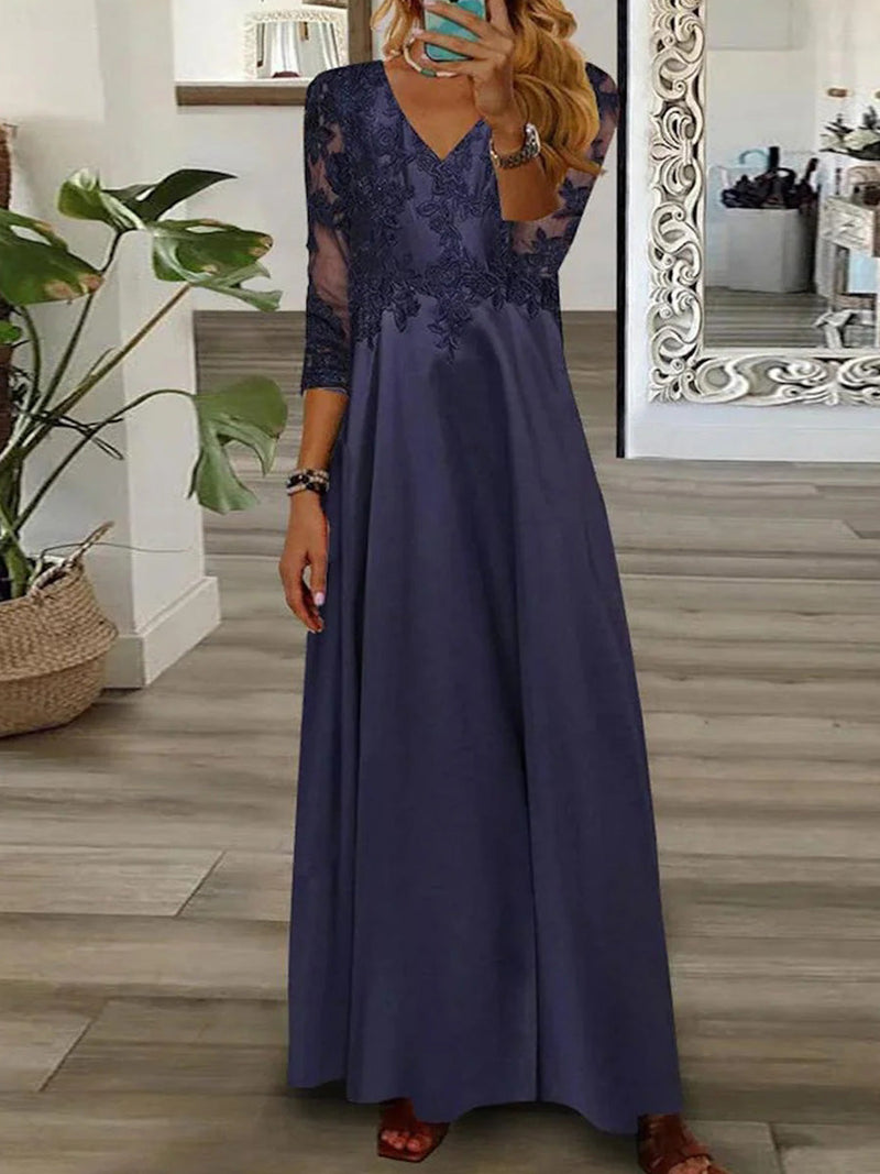 Stylish Navy V-Neck Long Sleeve Maxi Dress