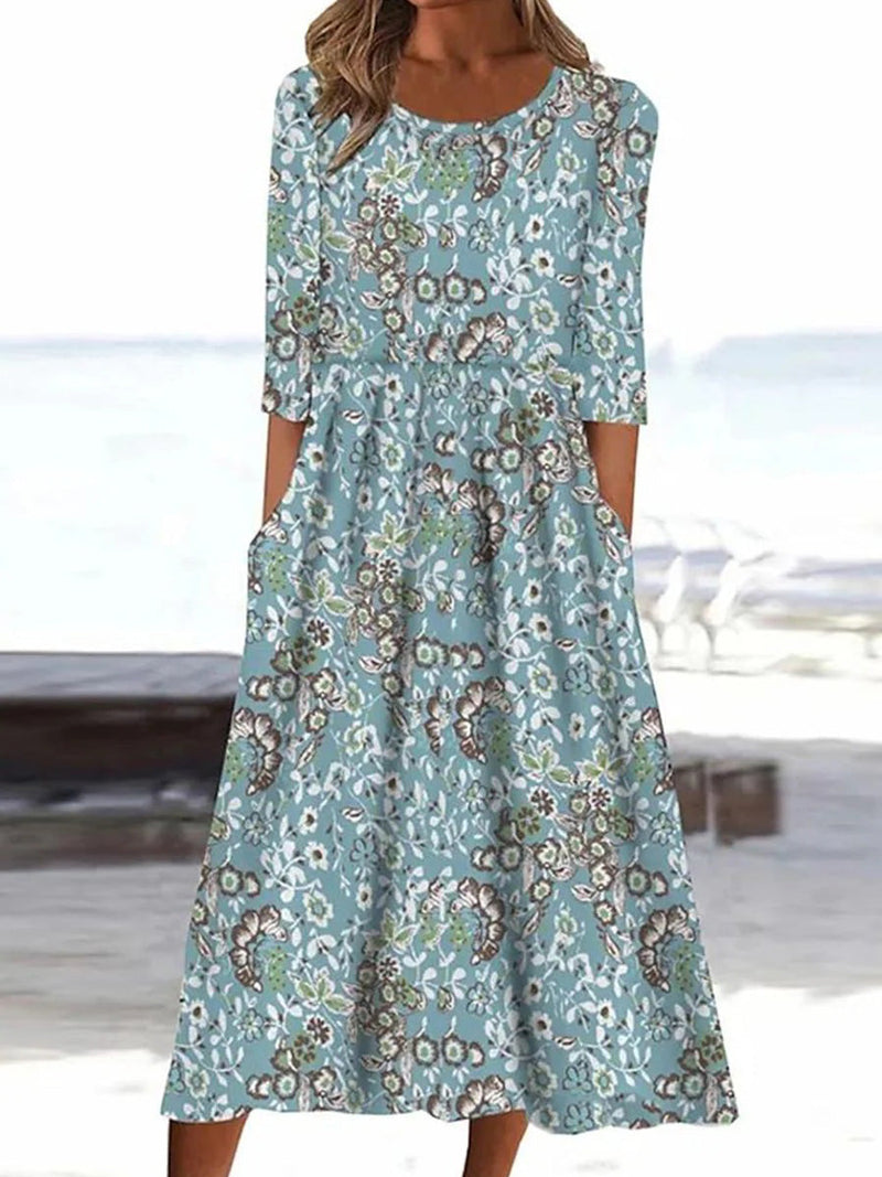 Stylish Round Neck 3/4 Sleeve Midi Dress