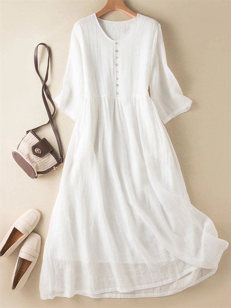 Literary Retro V-neck Solid Color Half sleeve White Dress