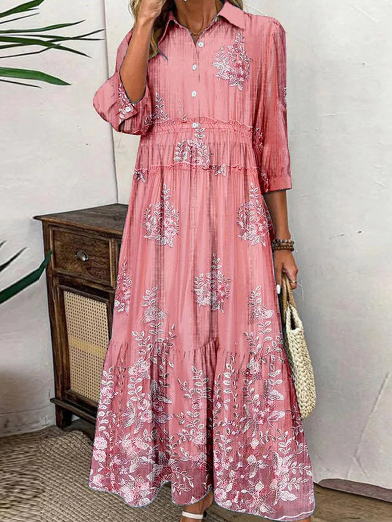 Stylish Pink Lapel 3/4 Sleeve Maxi Dress