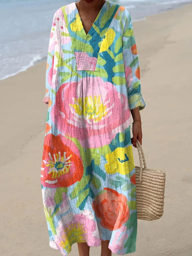 Colorful Floral Print V-neck Long Sleeve Dress