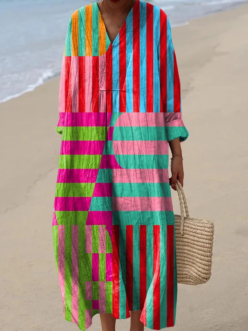Colorful Abstract Geometric Pattern Round Neck Short Sleeve Dress