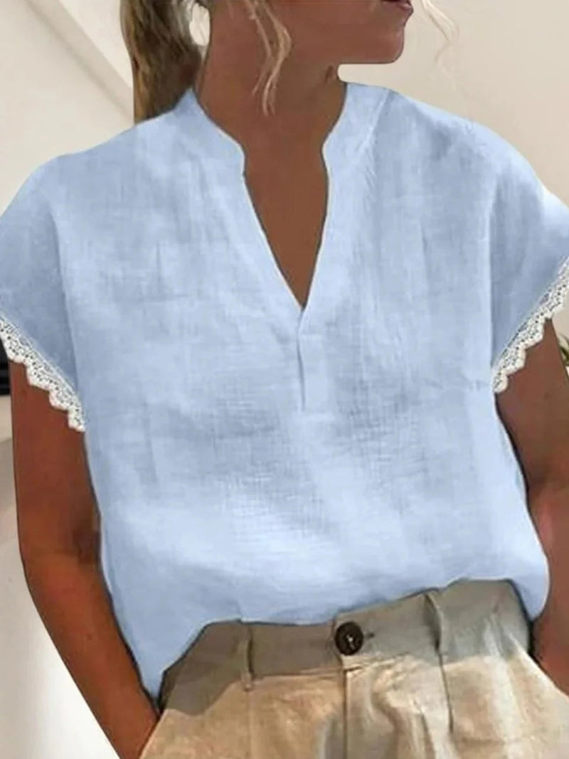 Chic Blue Plain V Neck Short Sleeve Top