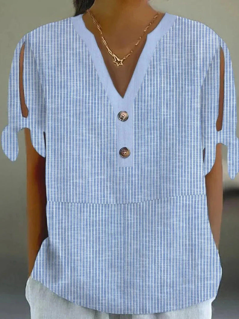Blue Striped Print V-neck Split Sleeve Comfy Top