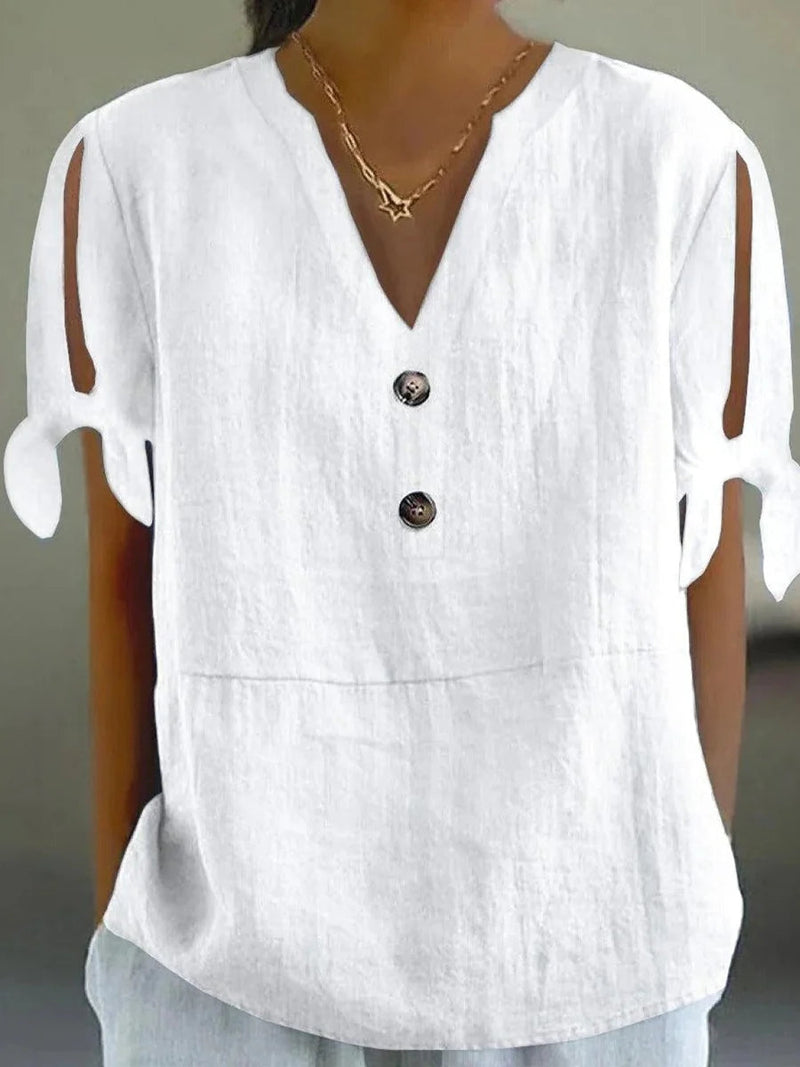 Solid White V-neck Split Sleeve Buttoned Top