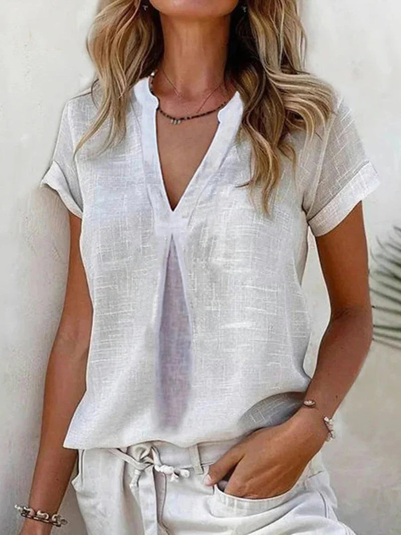 Classic Casual White V-neck Short Sleeve Loose Blouse