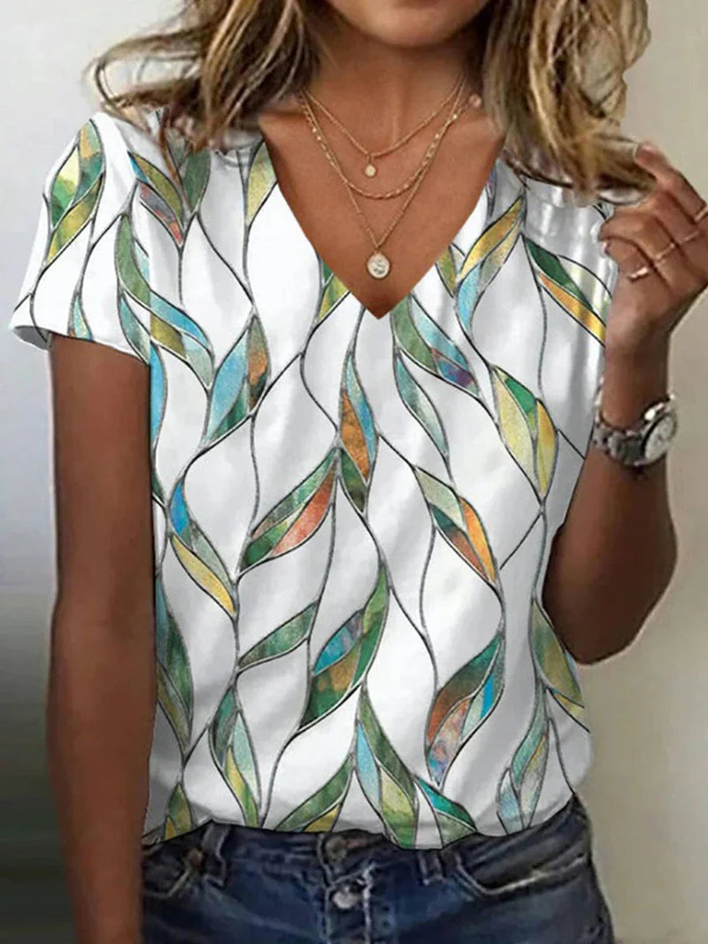 Vintage Casual Multi printed V-neck Short Sleeve T-Shirt