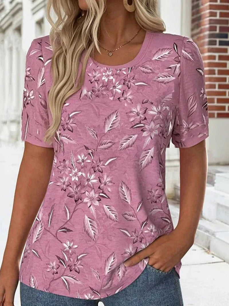 Vintage Pink Floral Print U-neck Short Sleeve T-Shirt