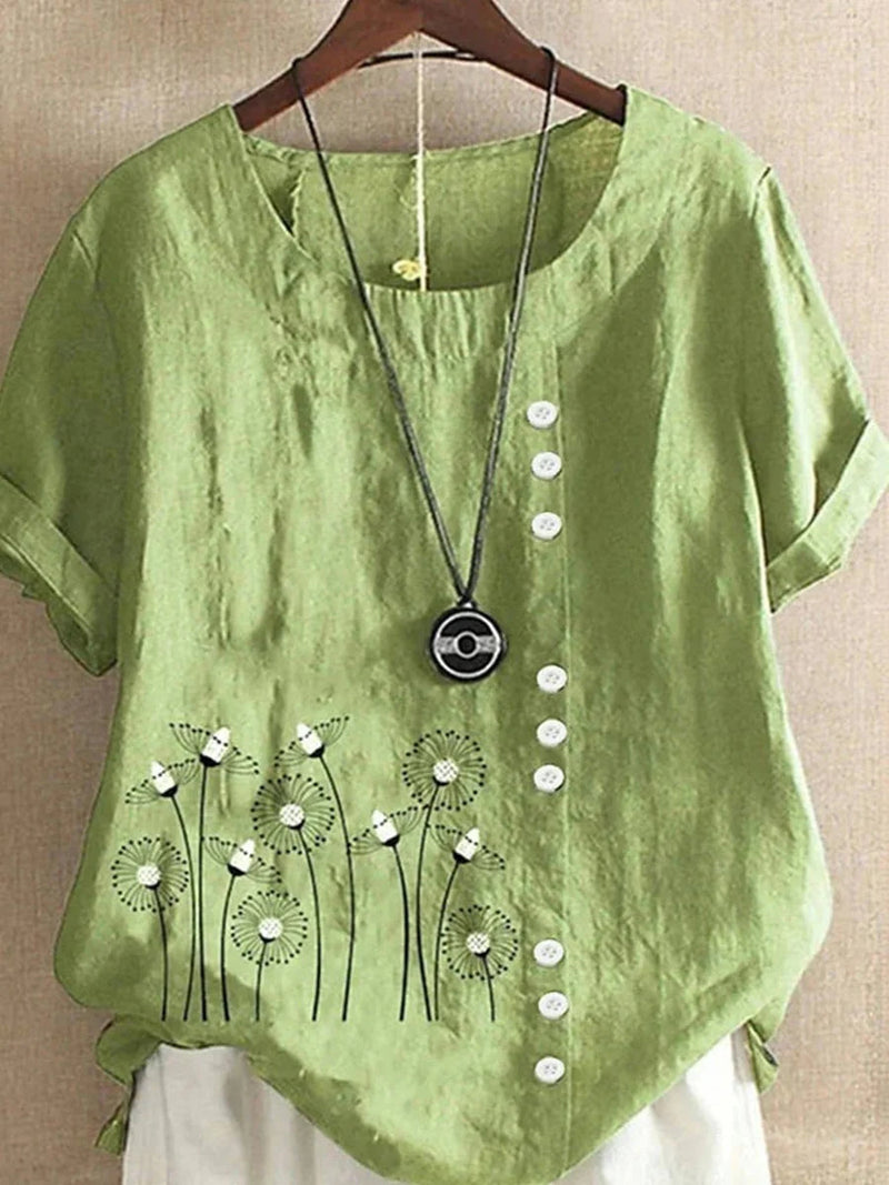 Casual Dandelion Print Round Neck Short Sleeve Buttoned Blouse