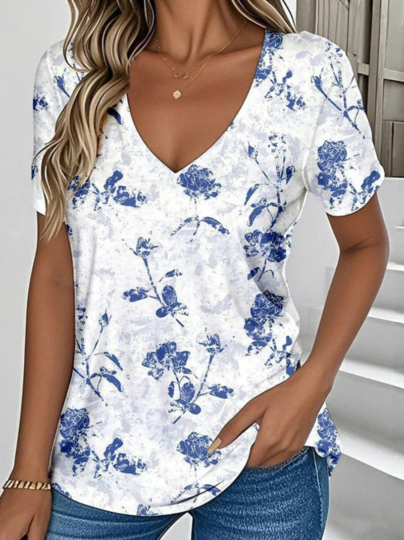 Vintage Blue Floral Print V-neck Short Sleeve T-Shirt