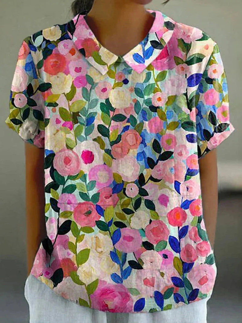 Colourful Floral Print Short Sleeve Round Necek Blouse