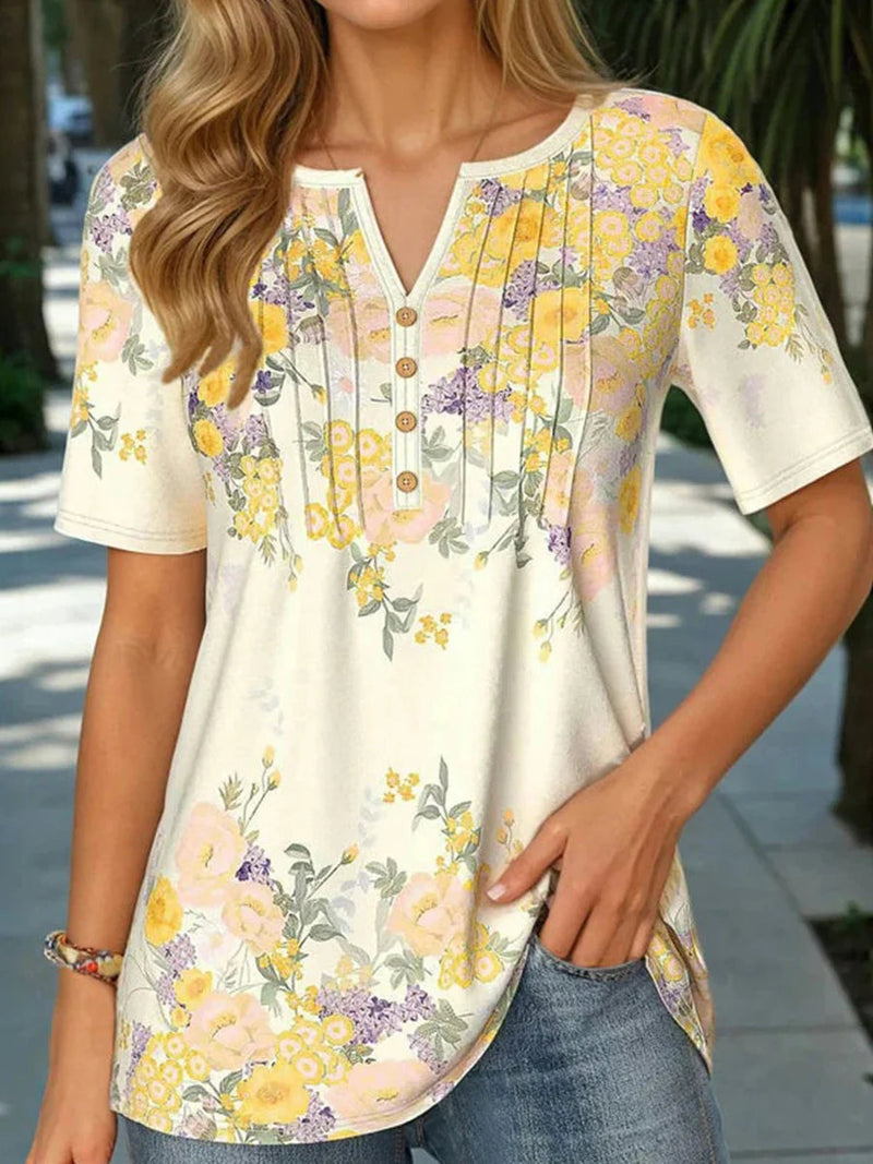 Chic Floral V-Neck Short Sleeve Blouse