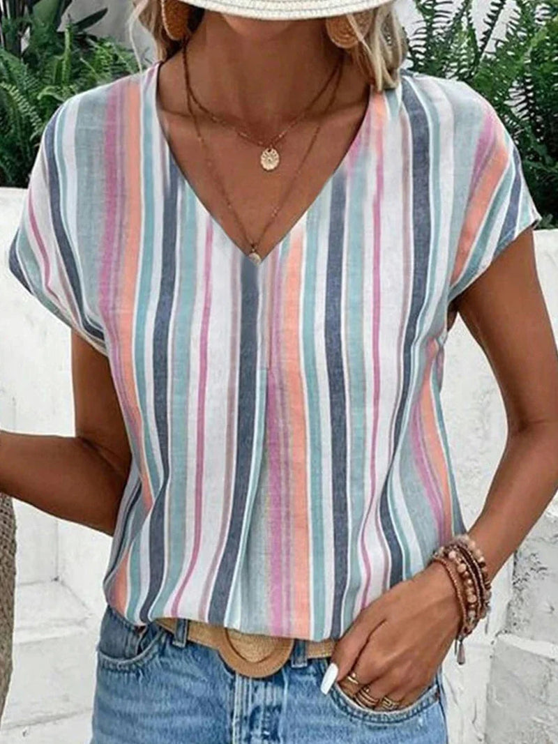 Classic Striped V-Neck Short Sleeve Tee
