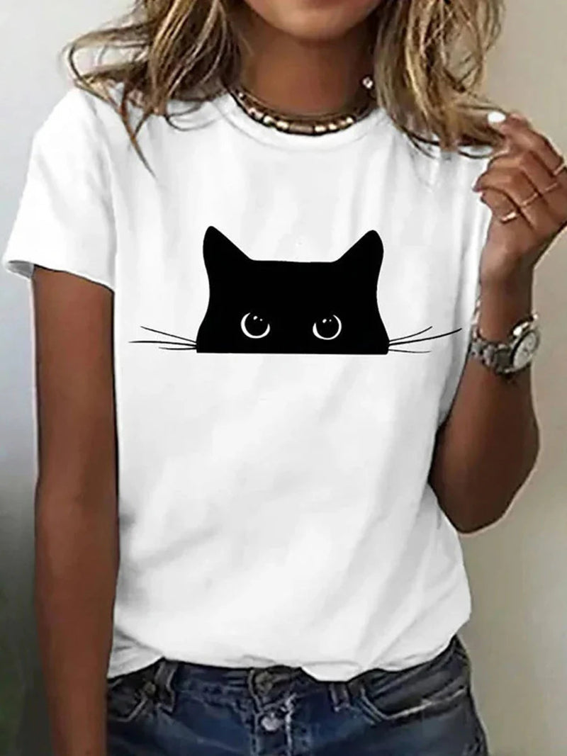 Casual Round Neck Short Sleeve Cat Print T-Shirt