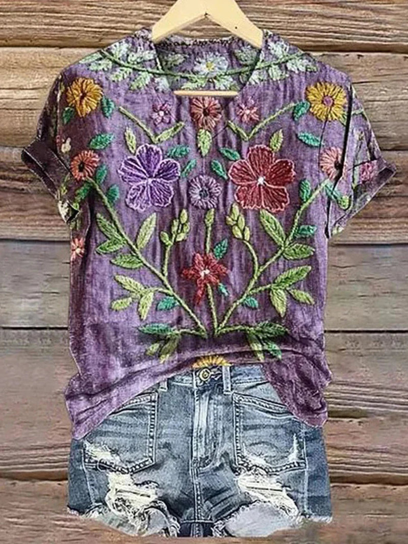 Vintage-Style Floral V-Neck Short Sleeve T-Shirt