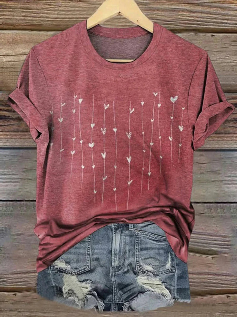 Classic Vintage Red Floral Round Neck Short Sleeve T-Shirt