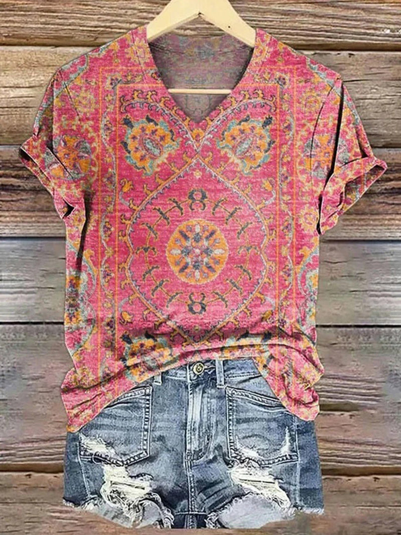 Classic Vintage Red Ethnic Print V-Neck Short Sleeve Top