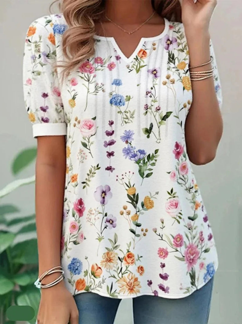 Casual White Floral Print Short Sleeve Top