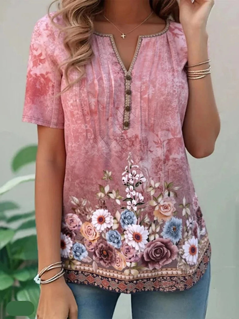 Sweet Pink Floral V-neck Short Sleeve Top