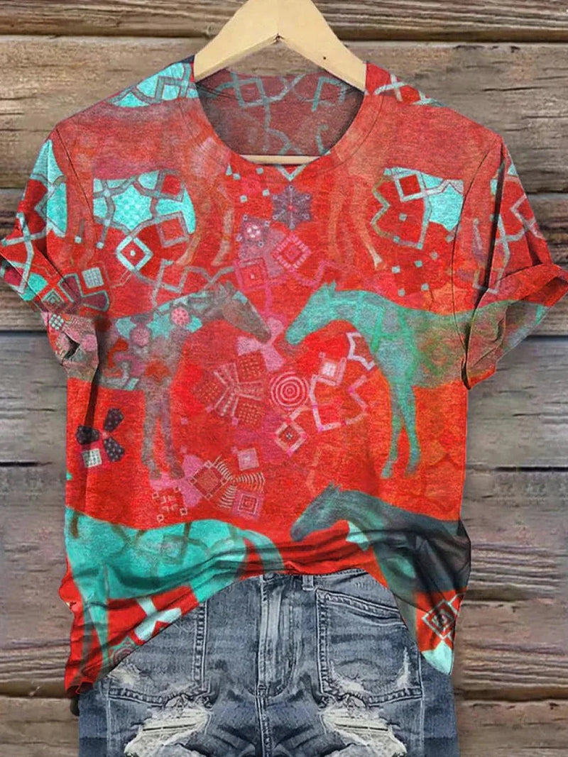 Casual Red Geometric Print Short Sleeve T-shirt