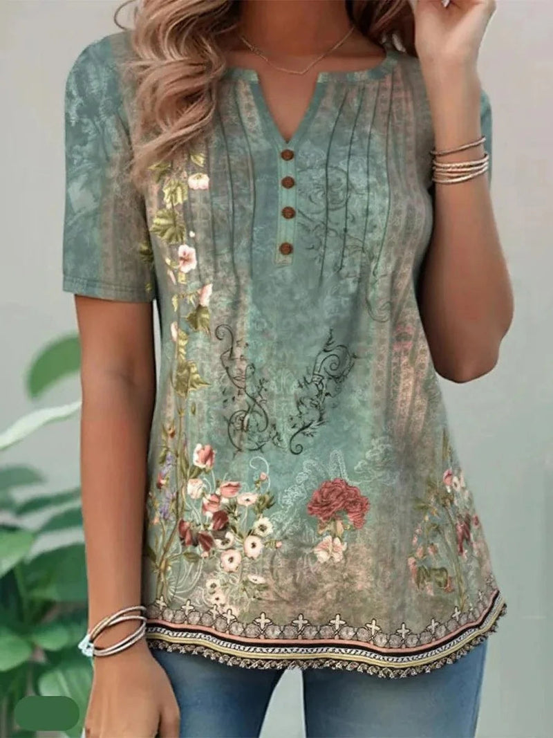 Fresh Green Floral Print V-neck Short Sleeve Top