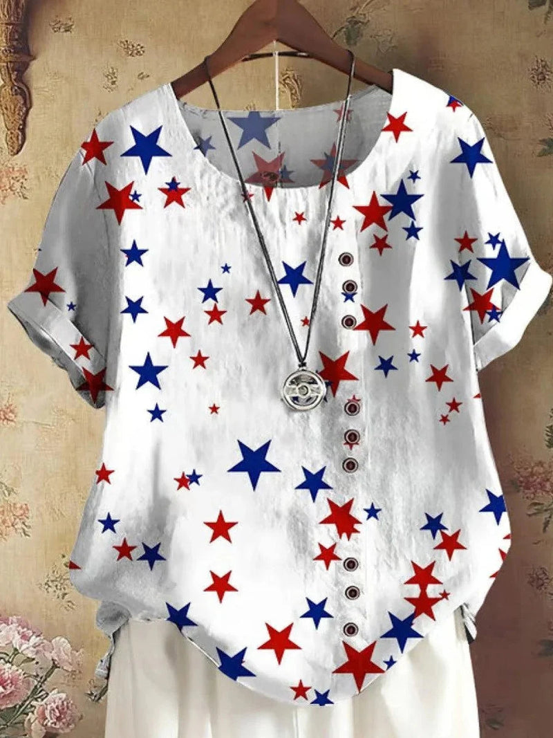 Casual Star Print Round Neck White Short Sleeve Top