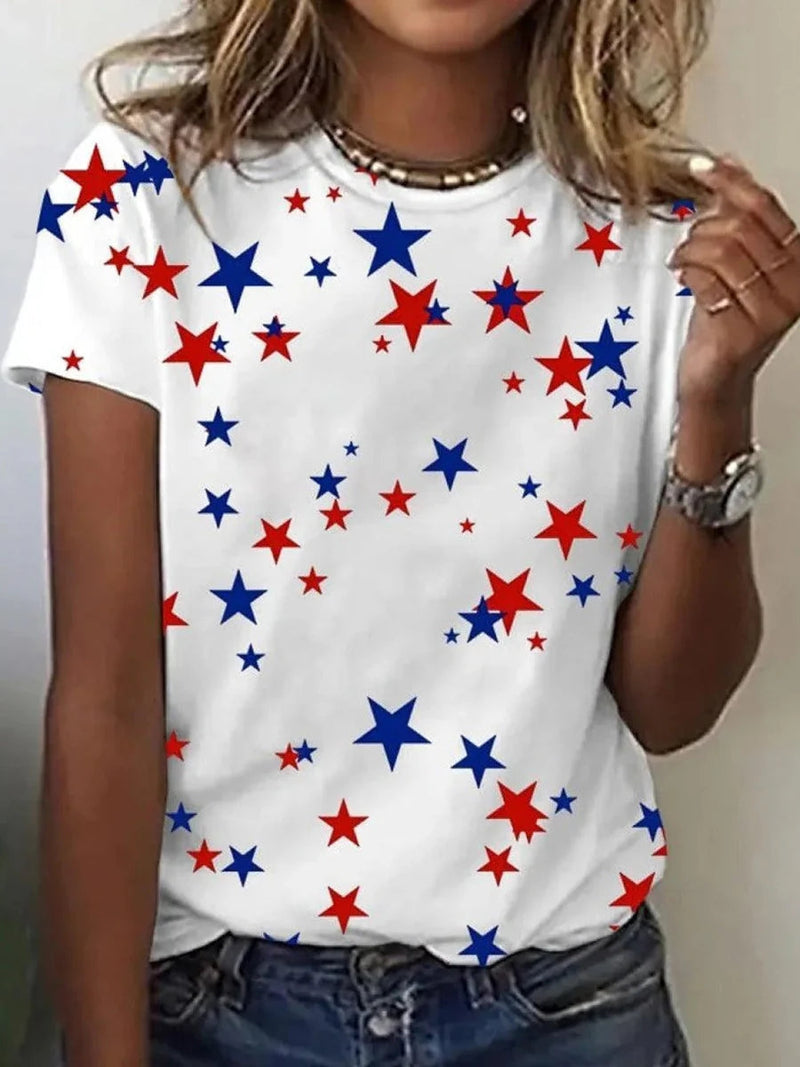 Casual White Star Print Round Neck Short Sleeve Top