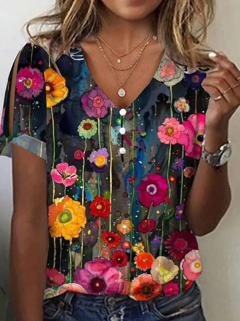 Colorful Floral Print V-neck Short Sleeve Top