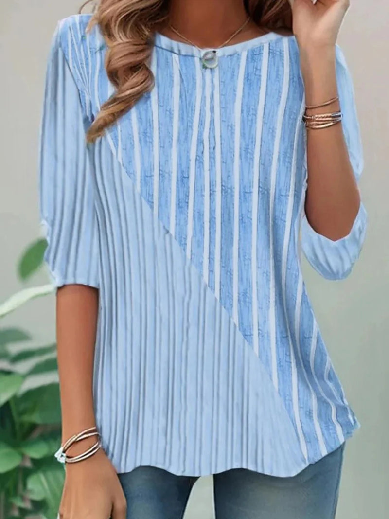 Unique Blue Striped Print Round Neck Half Sleeve Blouse