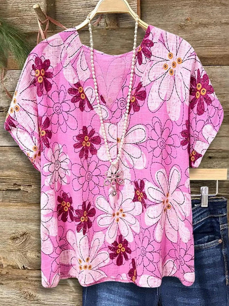 Sweet Pink Floral Print V-Neck Short SLeeve Top