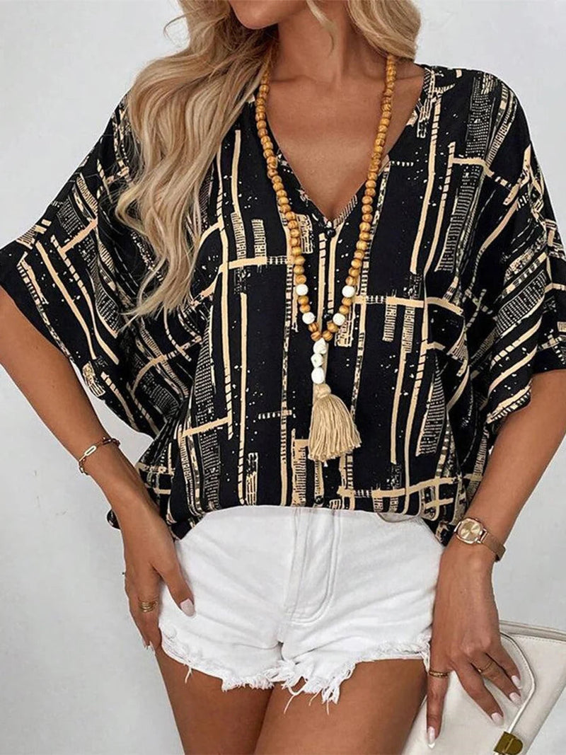 Casual Abstract Print V-neck Black Short Sleeve Top