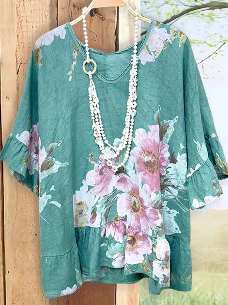 Fresh Green Floral Short Sleeve Top