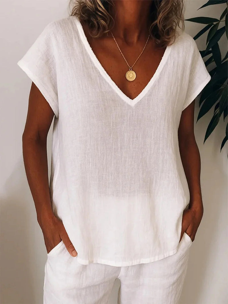 Simple Cozy V-neck Short Sleeve White T-Shirt